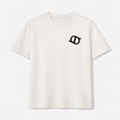 Ivory white short-sleeve crewneck T-shirt with a small black chest logo, shown against a light background.