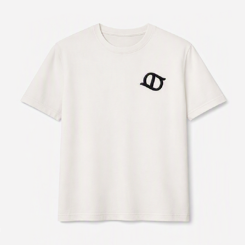 Ivory white short-sleeve crewneck T-shirt with a small black chest logo, shown against a light background.