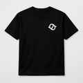 A black short-sleeve crewneck t-shirt with a small white stylized logo on the left chest, displayed flat against a light gray background.