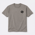 Taupe gray short-sleeve crewneck T-shirt with a small black chest logo, shown flat against a light background.