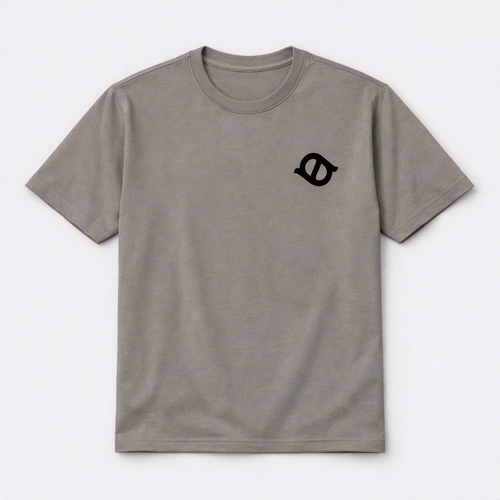 Taupe gray short-sleeve crewneck T-shirt with a small black chest logo, shown flat against a light background.